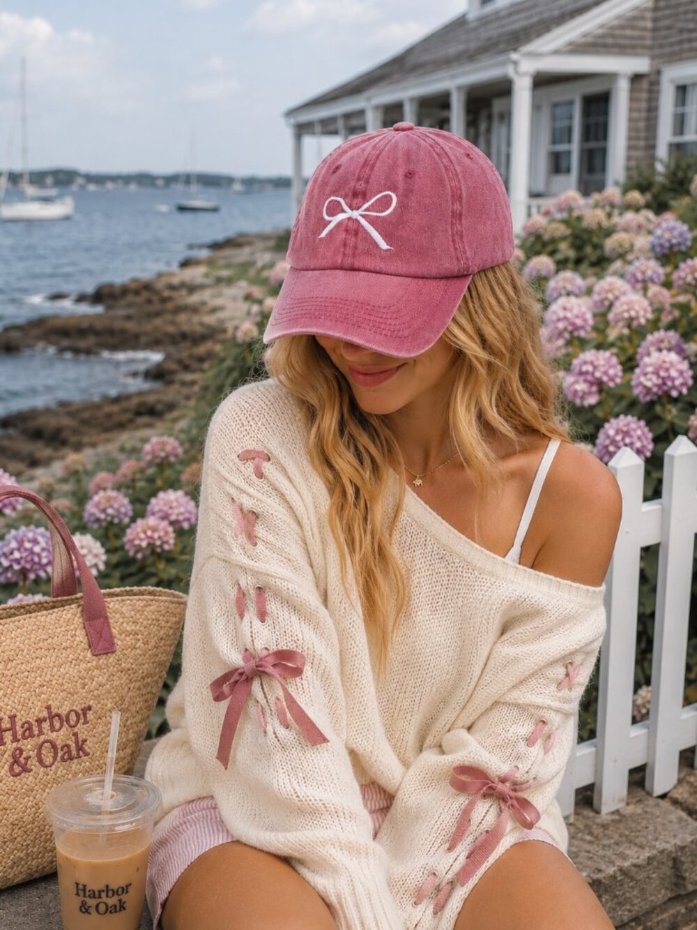 Nantucket Red bow baseball cap feminine coastal Preppy Summer Coquette Chic NEW